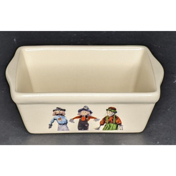 NEW Mini Loaf Pans Ceramic Harvest Scarecrows 5.5 x 3.5" Gift Small Chip CUTE - Picture 2 of 6